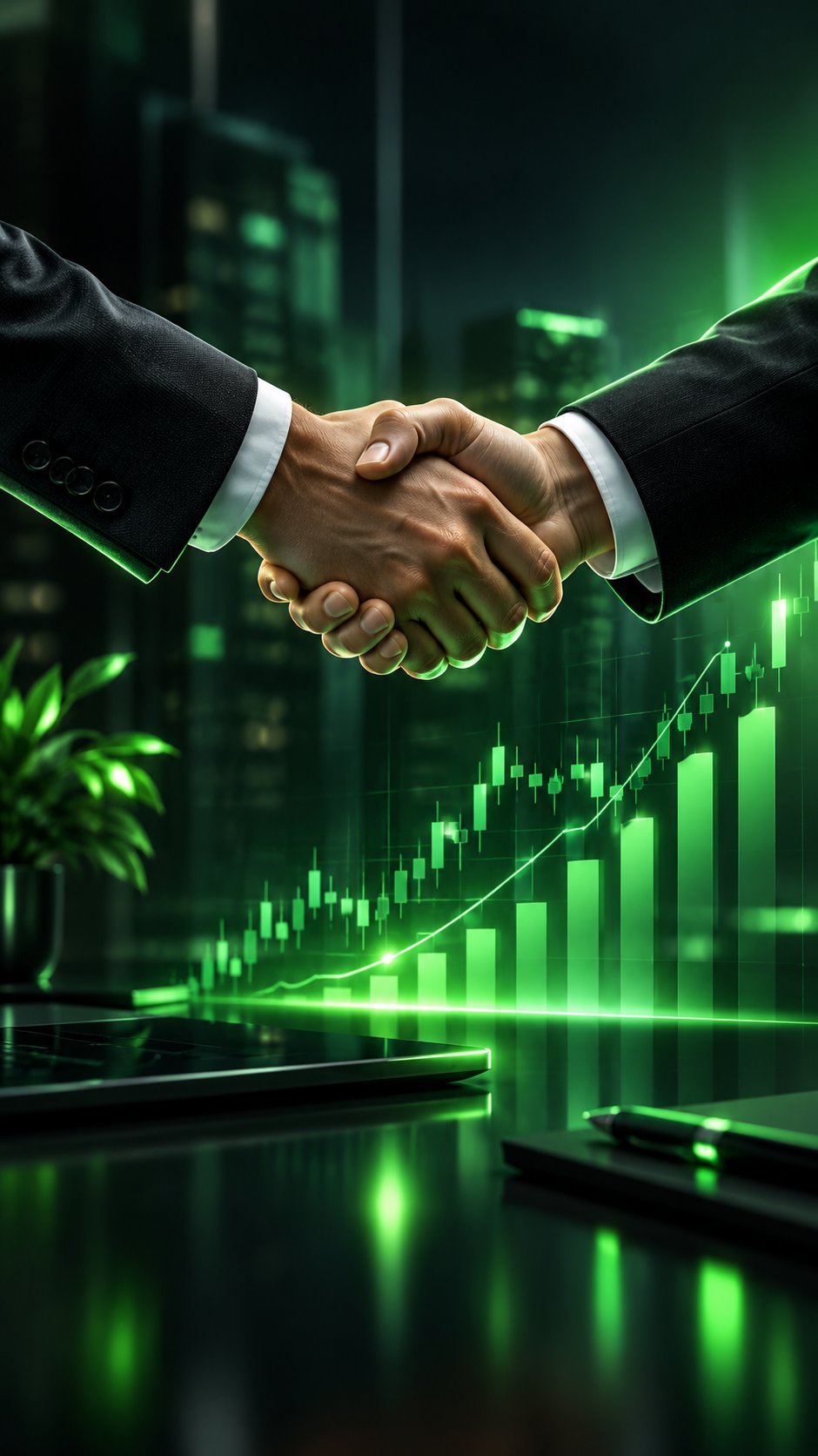 Handshake between two business professionals with charts overlay