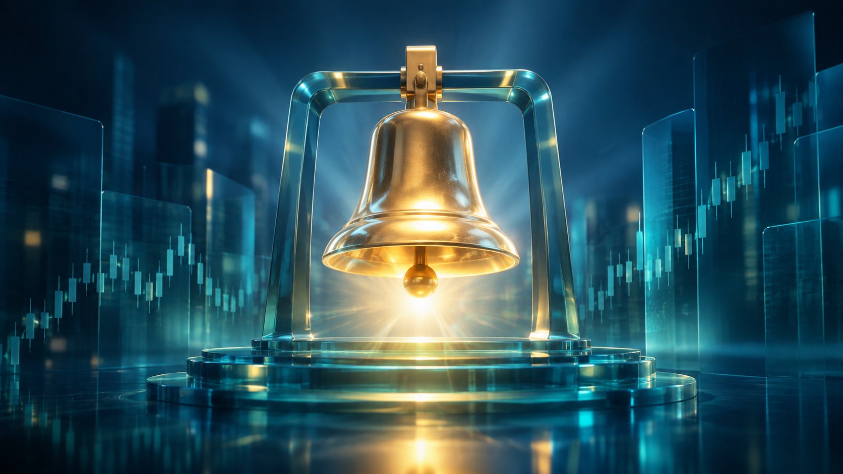 Golden bell with light rays at the moment of market open