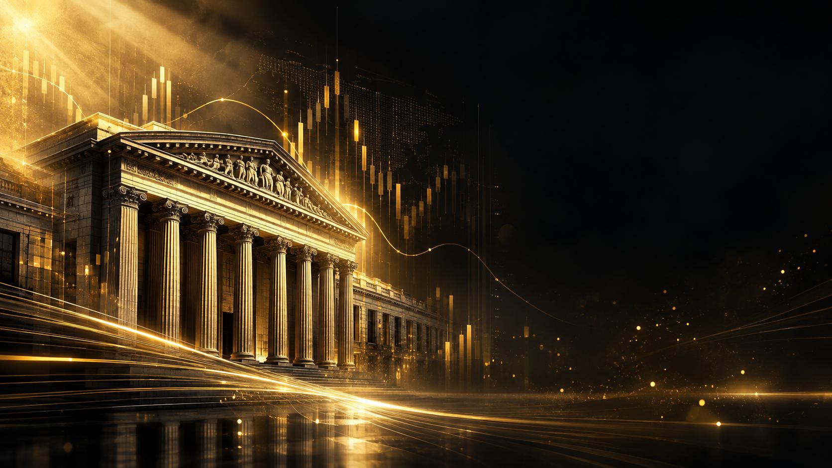 Classical central bank building facade with subtle financial chart overlays