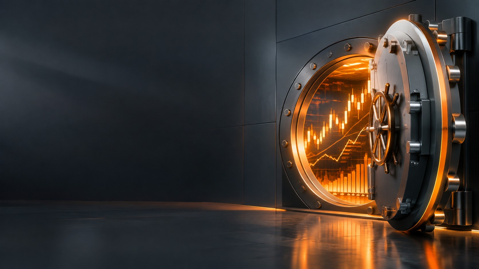 Bank vault door opening to reveal glowing stock charts