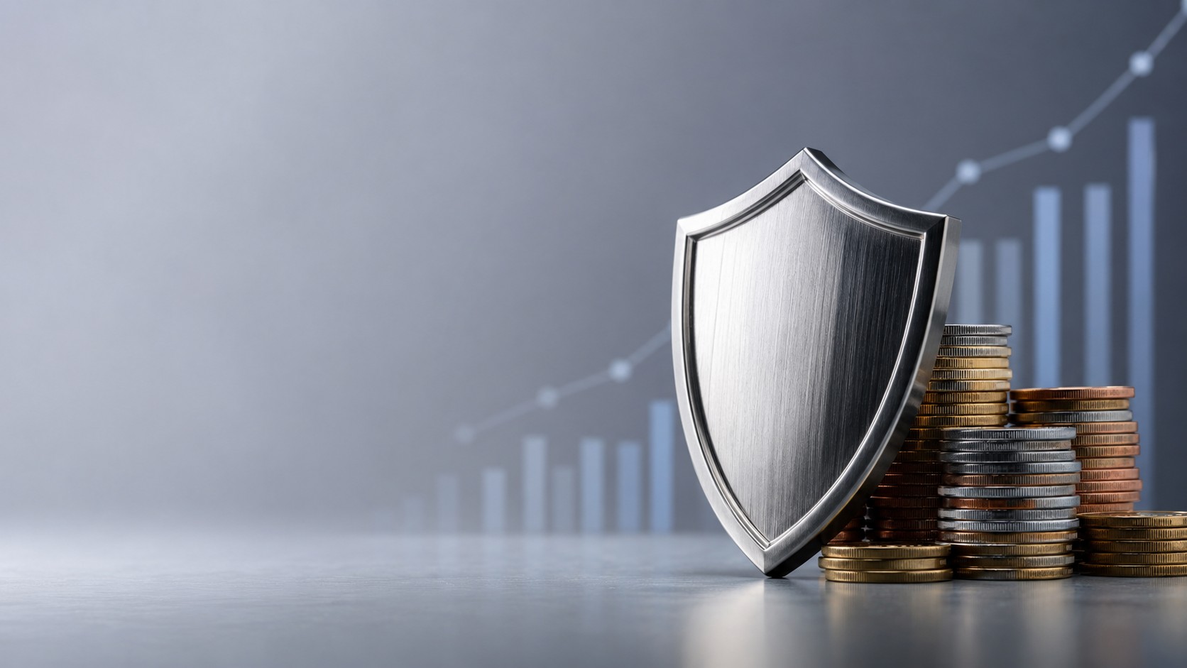 Shield protecting a stack of mixed currency coins with a chart behind